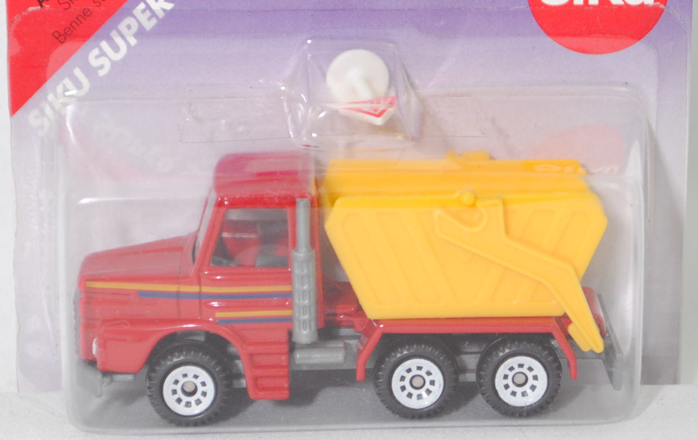 00001 Scania T143H-400 6x4 (Modell 1988-1991) Absetzkipper, rot, Streifen in gelb/blau auf den Seiten, Mulde gelb, Bpr. 0808/1013/1014, C1 weiß, SIKU SUPER, 1:93, P27