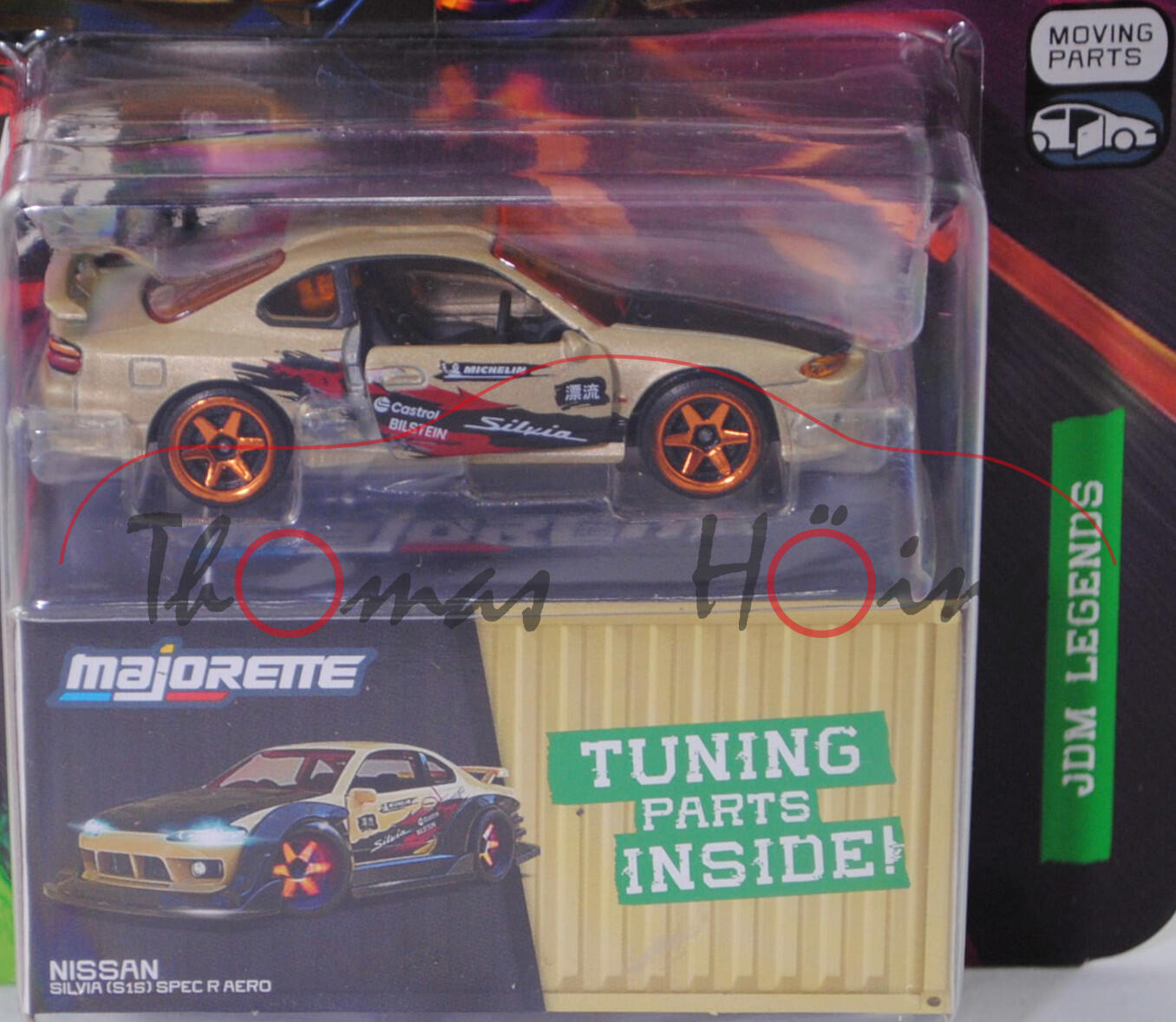 NISSAN Silvia spec-R AERO (S15, Mod.l 1999-2002) (Nr. 233B), h.-ockergelbmet./schwarz, Beilage: Bodykit und Tuning-Zubehör, majorette, 1:60, Blister (JDM Legends DELUXE CARS)