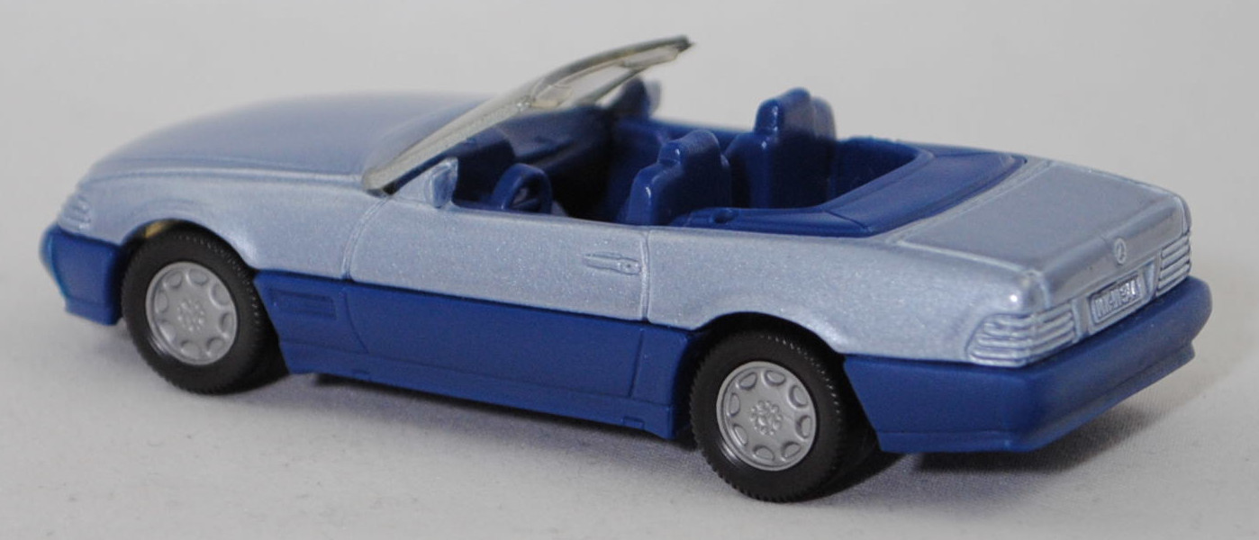 00005 Mercedes-Benz 500 SL ohne Verdeck (Hardtop) (R 129, Modell 1989-1992), silberblaumetallic/saphirblau, Scheibe seitlich lackiert, Heckklappe mit Stern, Hong, B7, SIKU, 1:55, m (Verdeck weg)