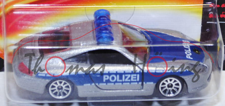 Porsche 911 (Typ 996) (Nr. 209.1), silbergraumetallic/blau, POLIZEI, Türen zu öffnen, majorette, 1:5