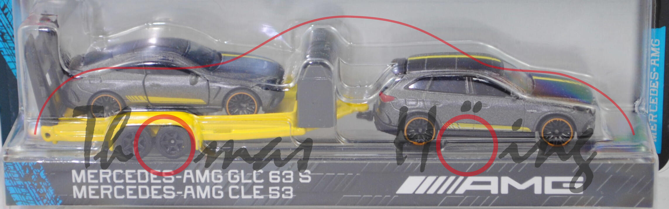 Mercedes-AMG GLC 63 S E PERFORMANCE Premium (Modell 2023-) mit Autotransporter und Mercedes-AMG CLE 53 4Matic+ Coupé (Modell 2023-), dunkel-graualuminiummetallic + zinkgelb/basaltgrau, majorette, Blister