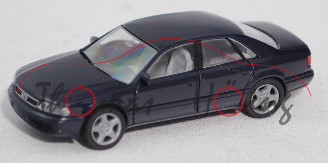 Audi A8 4.2 quattro (D2, Typ 4D, Modell 1994-1999), stahlblau (brillantblau), Rietze, 1:87, Werbebox