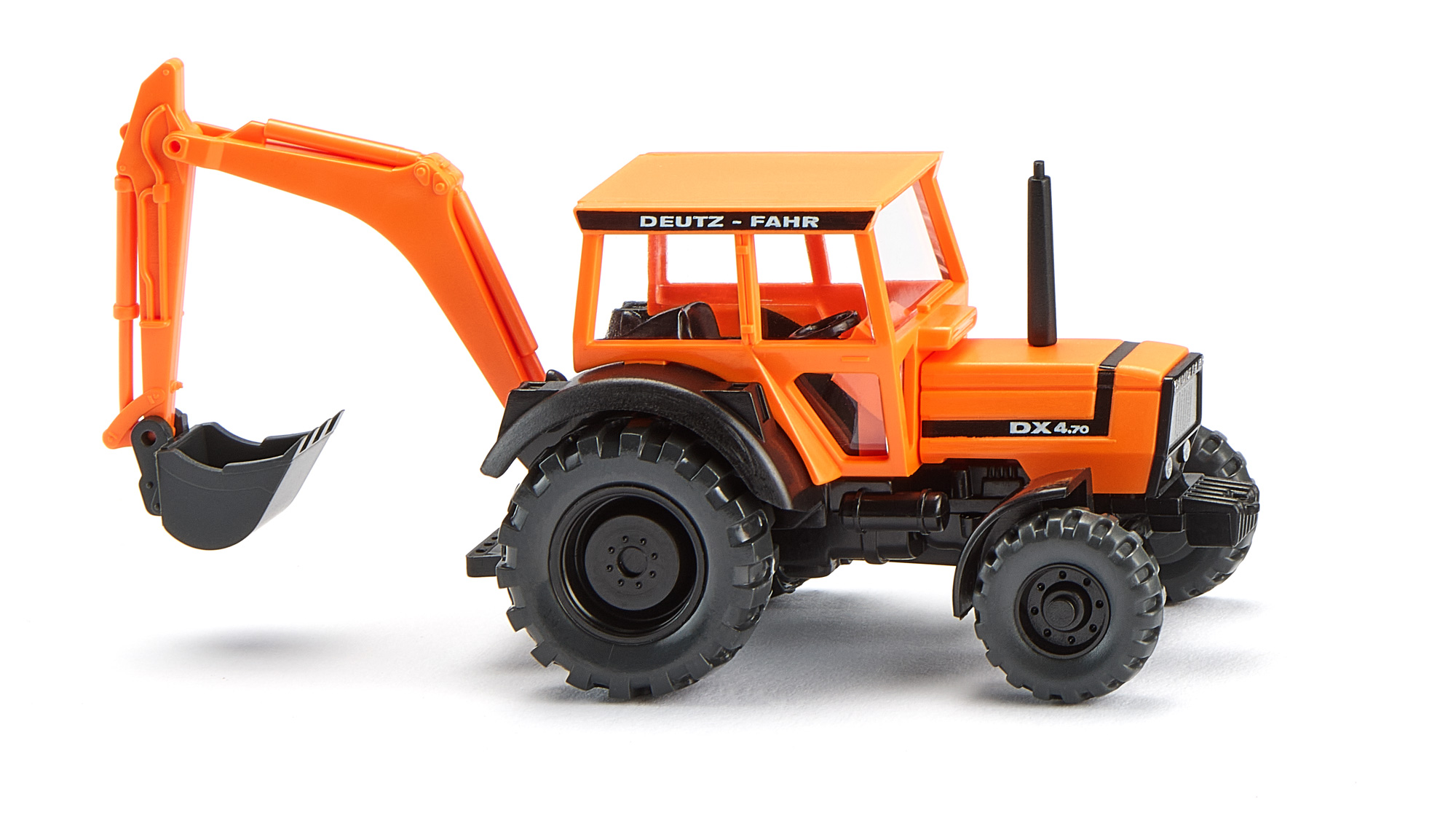 Deutz-Fahr DX 4.70 (2. Generation DX-Reihe, Modell 1983-1989) mit Heckbagger und Tieflöffel, pastellorange, Wiking, 1:87, mb