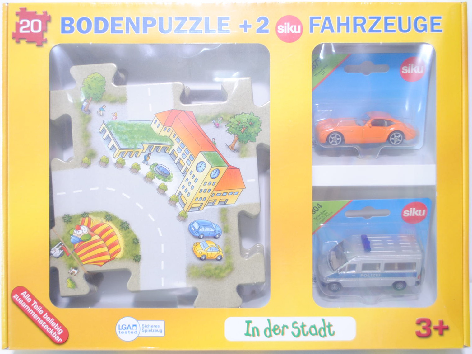 00000 20 teiliges Bodenpuzzle (78 x 63 cm) Stadt incl. 2 Siku Modelle (0879 Wiesmann GT MF4, Modell 