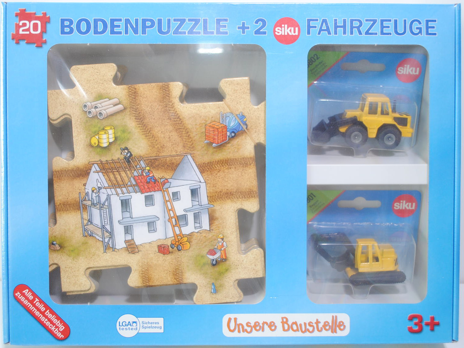 00000 20 teiliges Bodenpuzzle (78 x 63 cm) Baustelle incl. 2 Siku Modelle (0802 Frontlader, gelb/sch