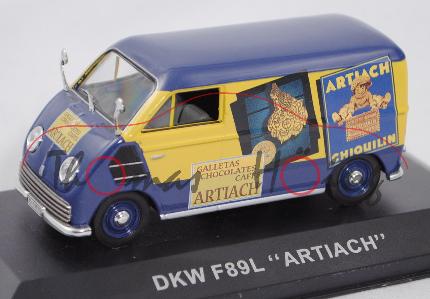 DKW-Schnellaster Kastenwagen (Typ F 89 L Dreigang, Mod. 49-52), blau/gelb, ARTIACH, IXO, 1:43, mb