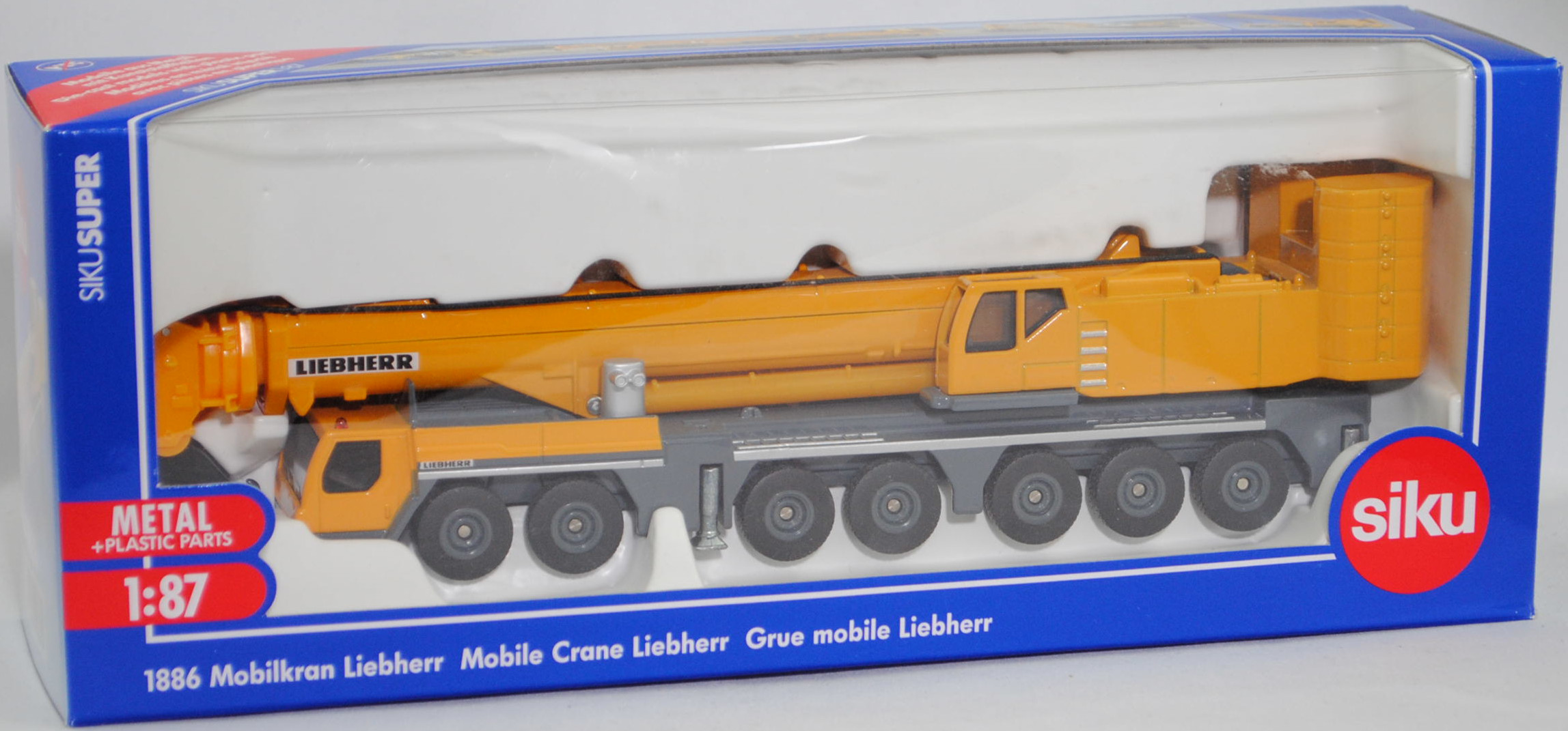 00000 LIEBHERR LTM 1400-7.1 Mobilkran (1. Generation, Modell 2005-2022), chromgelb/blaugrau, LIEBHERR, Bpr. ohne Adresse, ohne Chargennummer, SIKU SUPER, 1:87, L17mpK