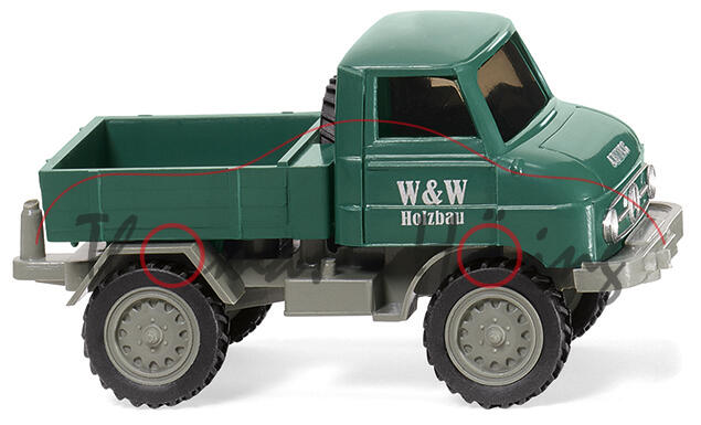 MB Unimog U 30 (BR 411, Mod. 56-74) mit Fahrerhaus Typ DvF (Mod. 57-78) mit Pritsche, grün, W&W, 1:8