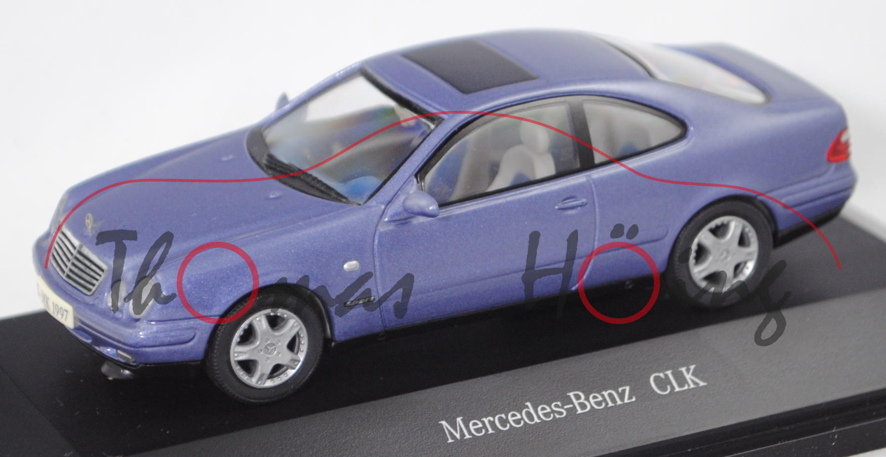 Mercedes-Benz CLK 230 Kompressor (C 208, Mod. 1997-1999), quarzblau metallic, Herpa, 1:43, Werbebox