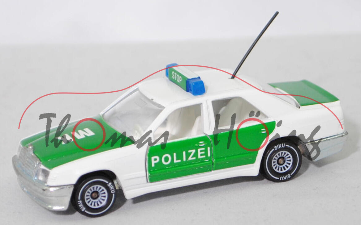 00007 Mercedes-Benz 300 E (W 124, Modell 1985-1986) Peterwagen, reinweiß, innen weiß, POLIZEI / MK, Mittelkonsole strukturiert, B4, SIKU, 1:55, m-