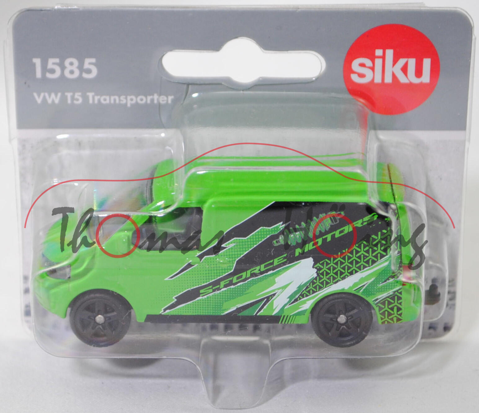 00001 VW T5 GP Transporter Kastenwagen 2.0 TDI (Typ 7E Kastenwagen, Modell 2009-2015), gelbgrün, S-FORCE MOTORS, Heckklappe mit Aussparungen unten, SIKU, 1:61, P29e