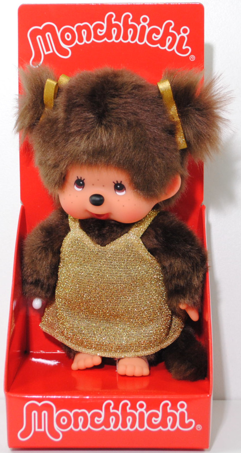 Monchhichi Glitter Dress Gold Girl (Mädchen im goldenen Glitzerkleid), 20 cm groß, Sekiguchi (EAN 4905610204038)