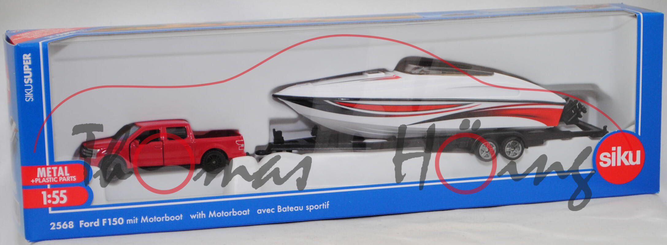 00000 Ford F-150 LARIAT STANDARD V8 SuperCrew mit Tandem-Bootstrailer und Motorboot PERFORMANCE 807, himbeerrot und reinweiß, SIKU, 1:55, L17mpK
