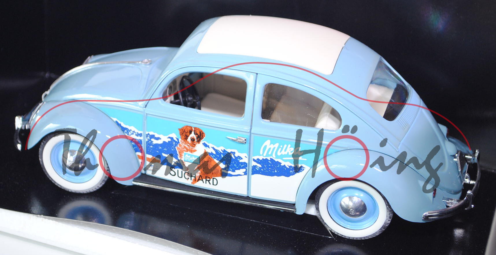 VW Käfer Limousine (Typ 11) (Rechteckkäfer), Modell 1958, hellblau, Milka/ SUCHARD, mit geschlossene