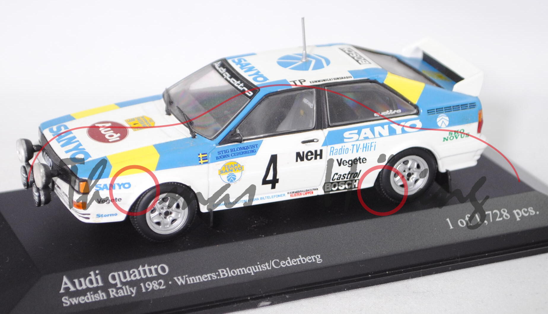 Audi quattro Gruppe 4, Schweden Rallye 1982, Blomqvist / Cederberg, Nr. 4, Minichamps, 1:43, PC-Box