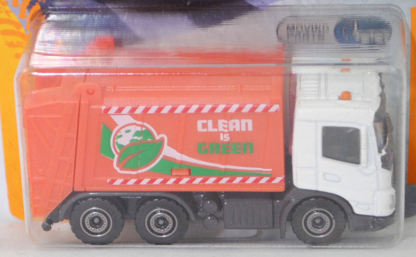 VOLVO FMX 6x4 (Modell 2020-2025) (Nr. 287A) Abfallsammelfahrzeug, weiß, Aufbau hell-rotorangemetallic, CLEAN / IS / GREEN, majorette, 1:87, Blister Blister (CITY CARS)
