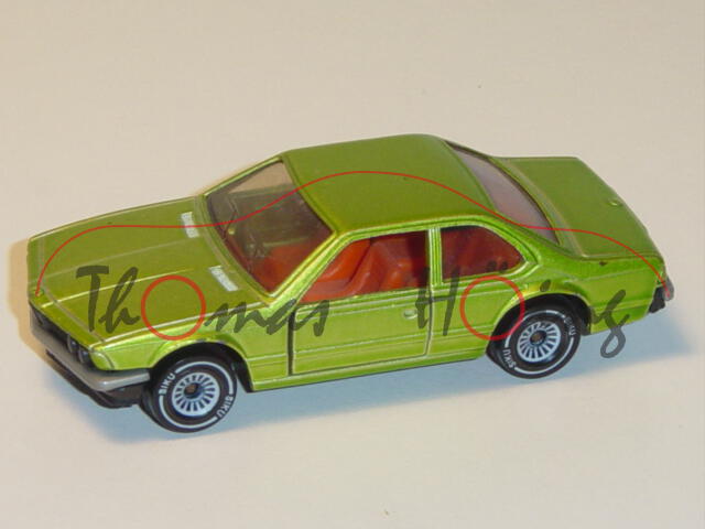 00002 BMW 633 CSi (Typ E24, Modell 1975-1979), gelbgrünmetallic, innen rotorange, Lenkrad rotorange,