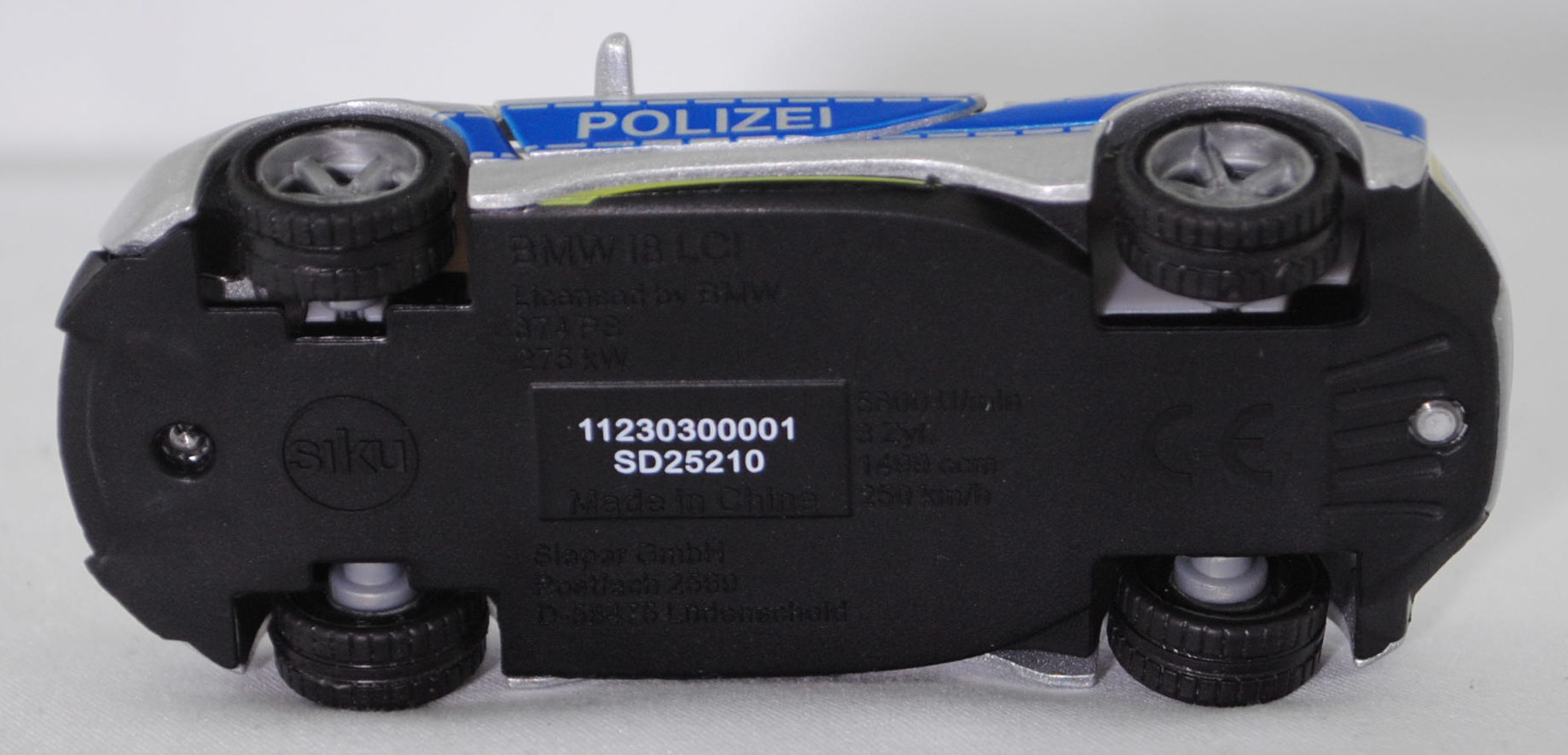 00001 BMW i8 Coupé LCI (1. Generation, I12, Facelift 2018, Modell 2018-2020) Polizei, silber, POLIZEI, Streifen in schwefelgelb/hell-signalblau, SIKU SUPER, 1:50, L17mpK