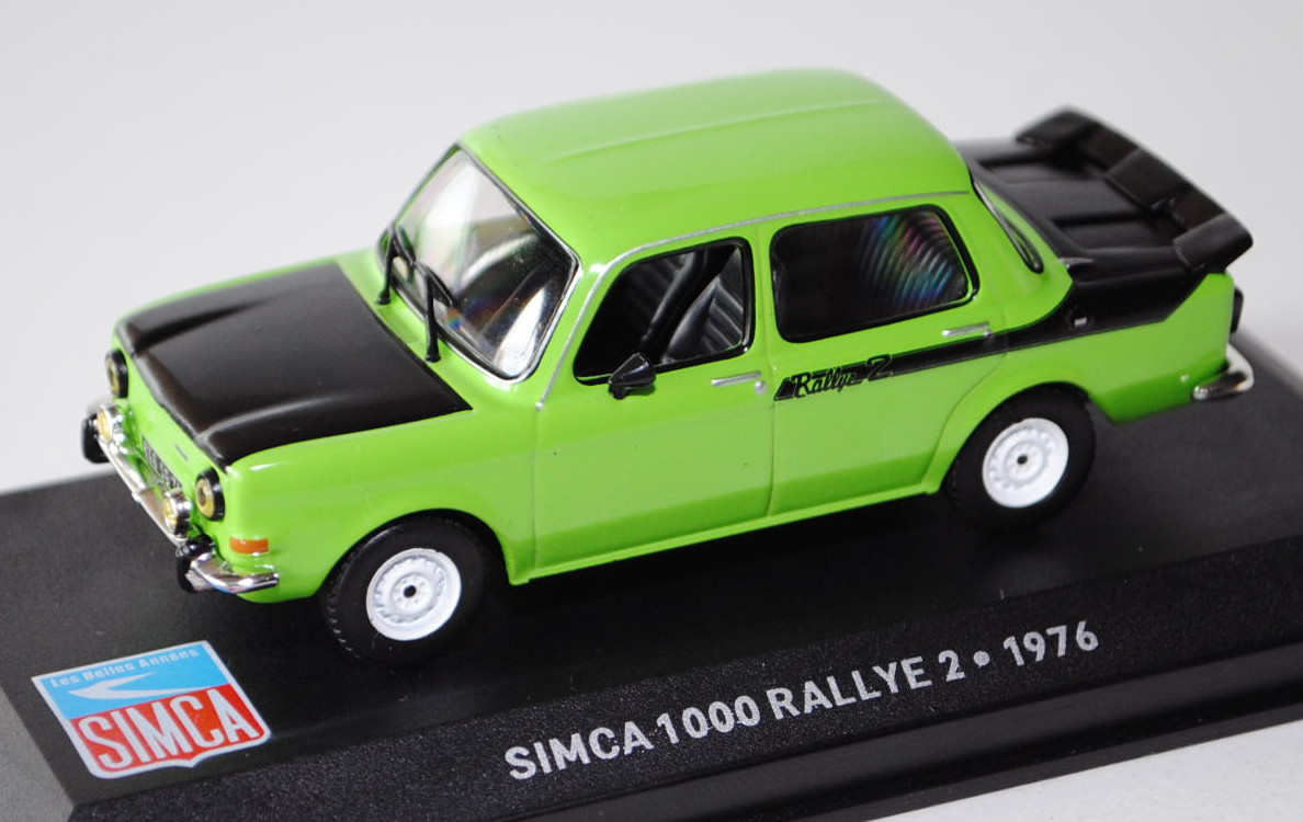 Simca 1000 Rallye 2, Modell 1976, gelbgrün/schwarz, Altaya / IXO, 1:43, PC-Box