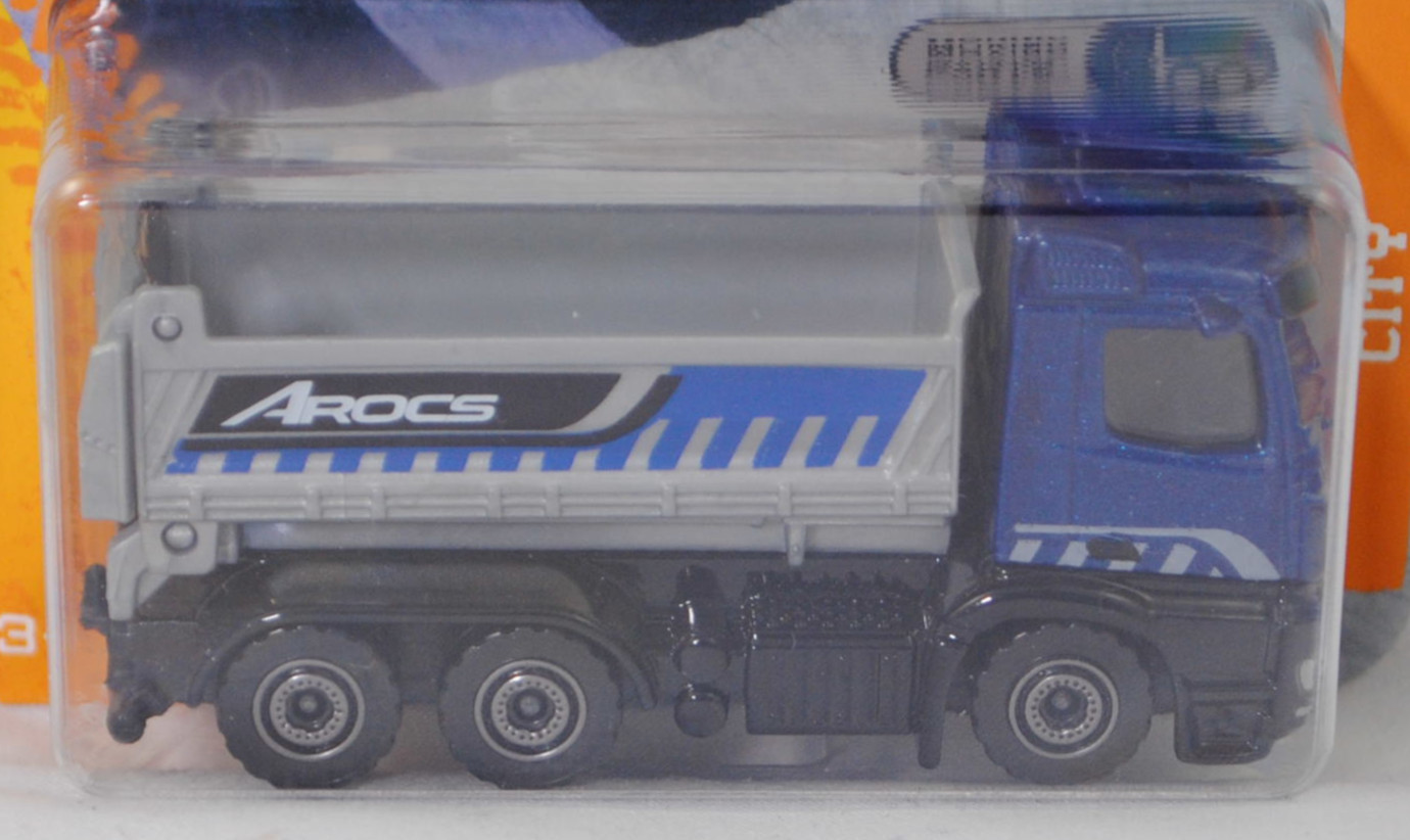 Mercedes-Benz Arocs Grounder K 6x4 (M-Fahrerhaus ClassicSpace, Modell 2013-) (Nr. 297H), blaumetallic, Mulde silbergraumetallic, majorette, 1:87, Blister (CITY CARS)