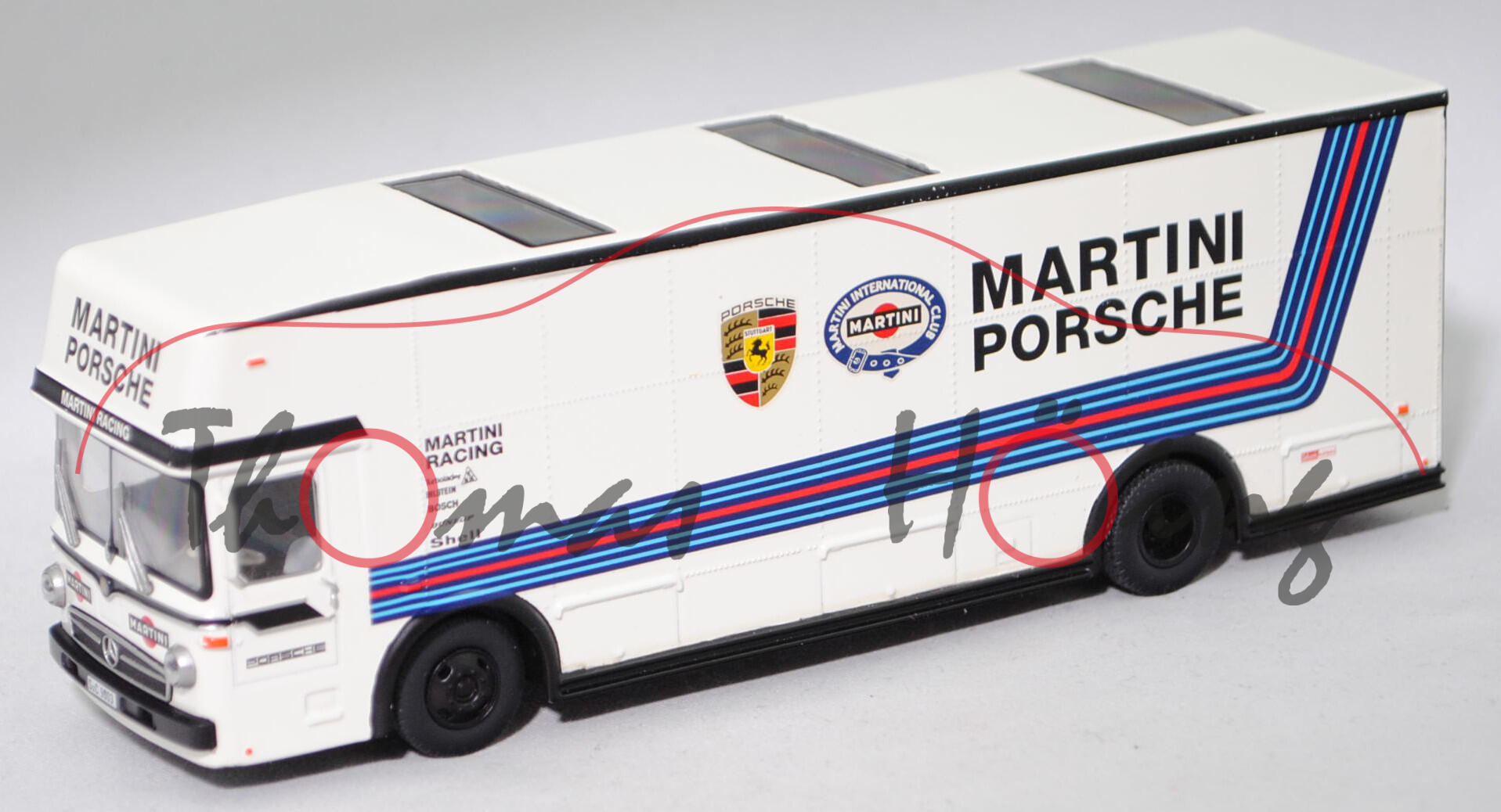 Mercedes-Benz O 317 K Renntransporter (Aufbauhersteller: Schenk Fahrzeugfabrik, Mod. 67-68), weiß, MARTINI / RACING / PORSCHE, Schuco EDITION 1:64, mb