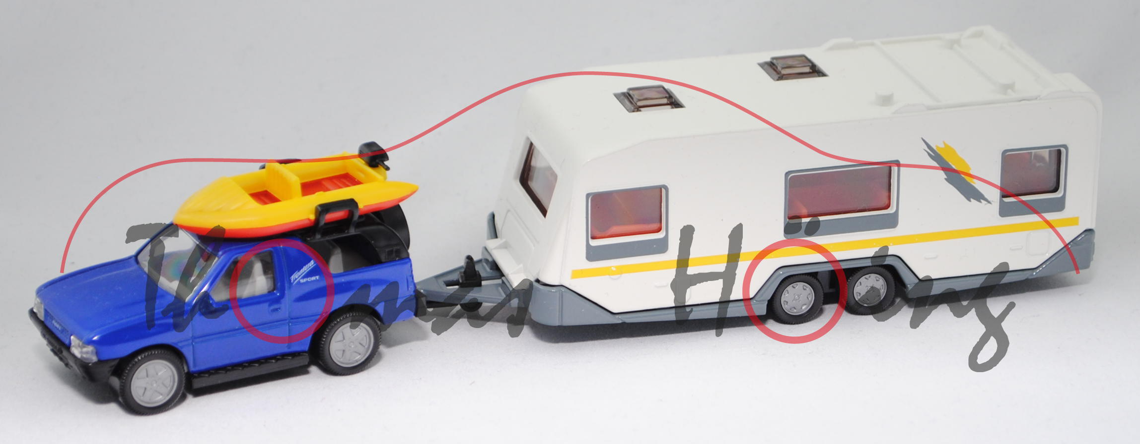 00011 Opel Frontera (Typ A, Mod. 91-95) mit Boot + KNAUS EUROSTAR 620 TF Wohnwagen, blau, L14n