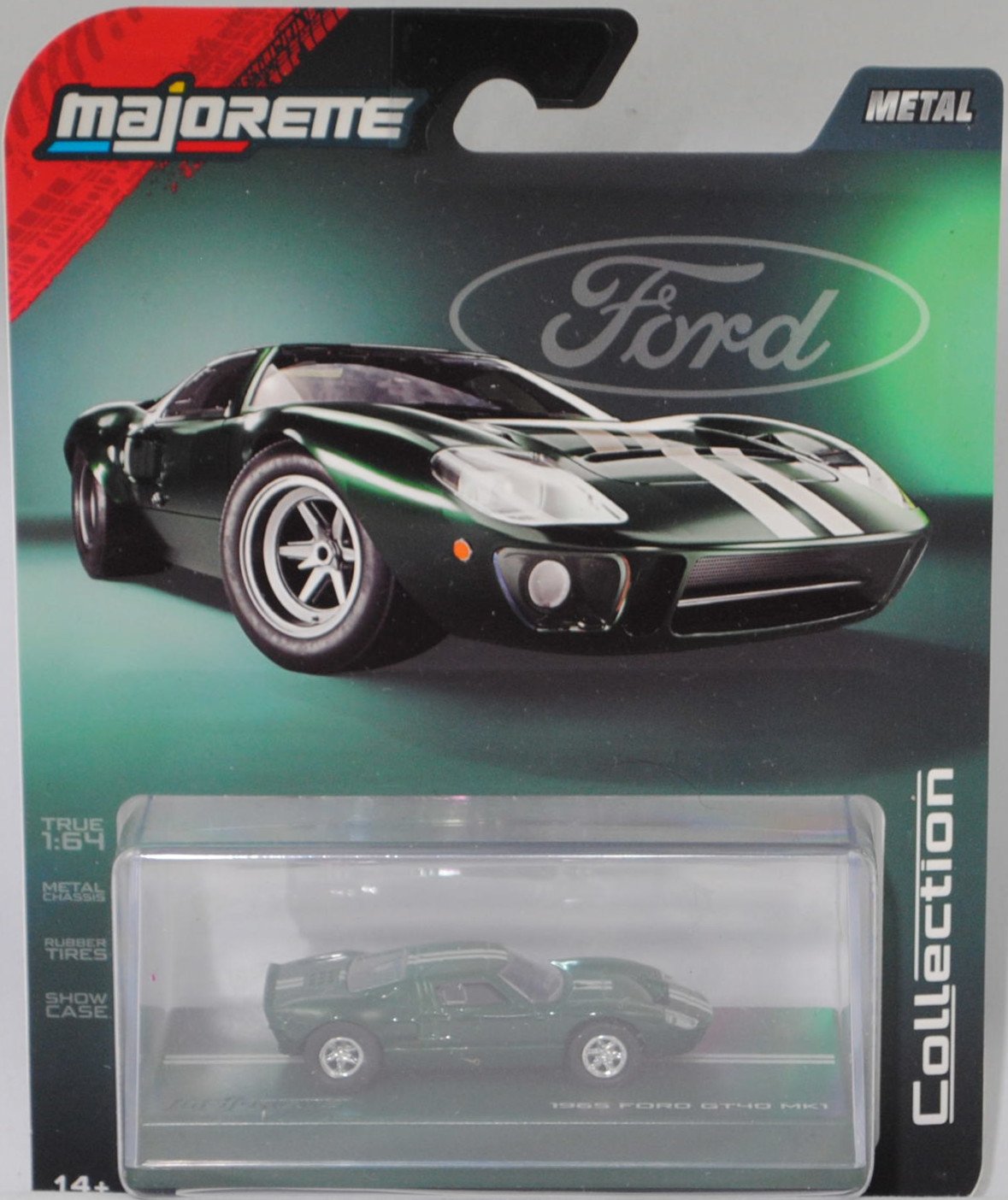 Ford GT40 (1. Generation, Mk I bzw. Mark 1, Modell 1965-1967), moosgrün, innen schwarz, majorette, 1:64, PC-Box im Blister (Collection)