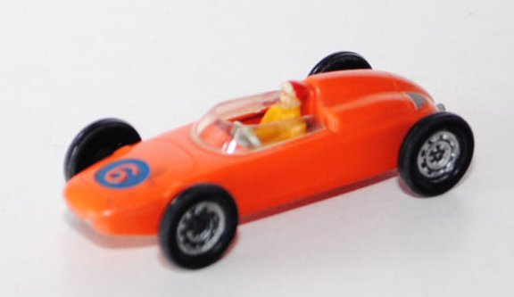 00004a Porsche Rennwagen 1,5 l, orange, Lenkrad weißgrün, 6, Overal dukelgelb, Rennbrille vo