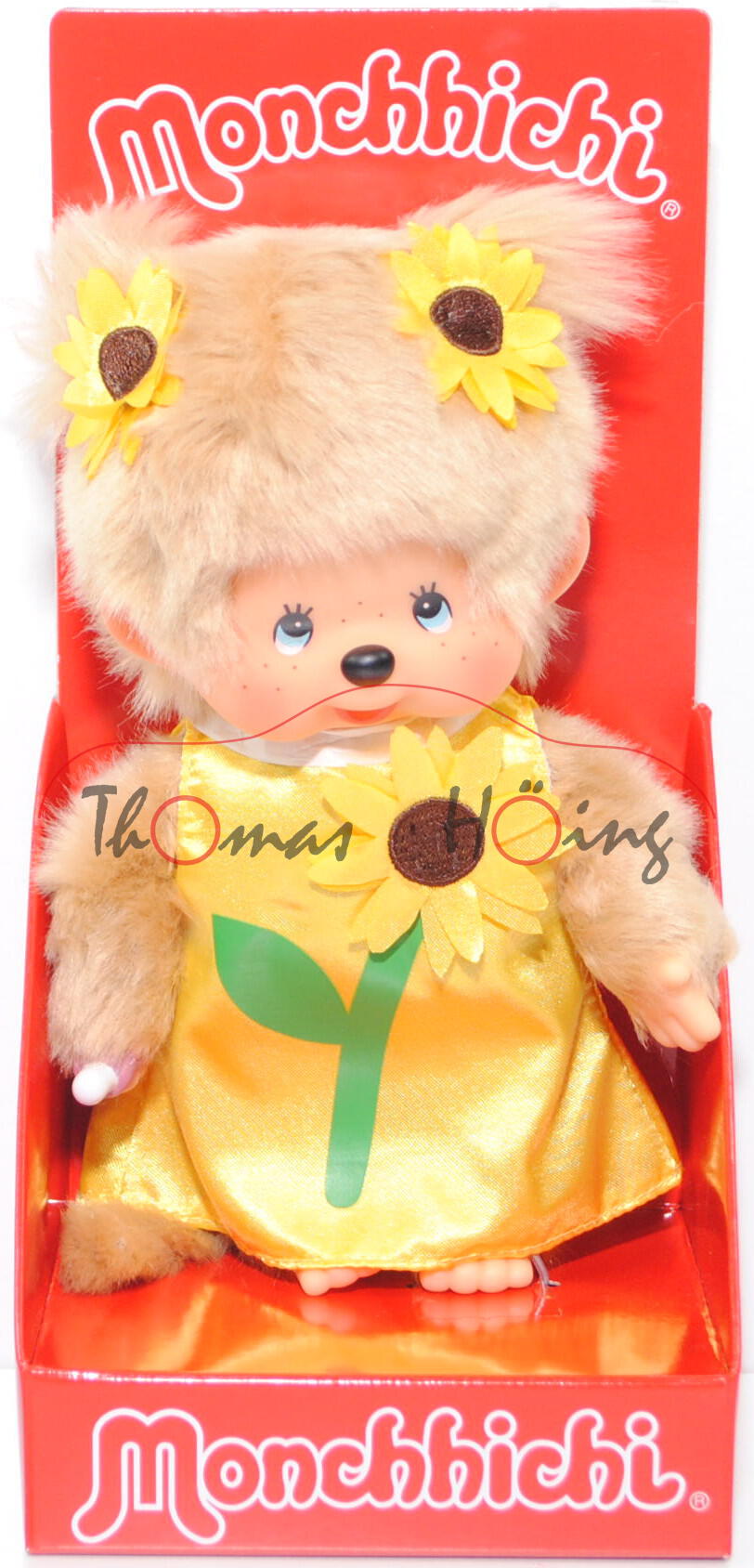 Monchhichi Flower Girl Sunflower (Mädchen mit Blumenkleid Sonnenblume), 20 cm groß, Sekiguchi