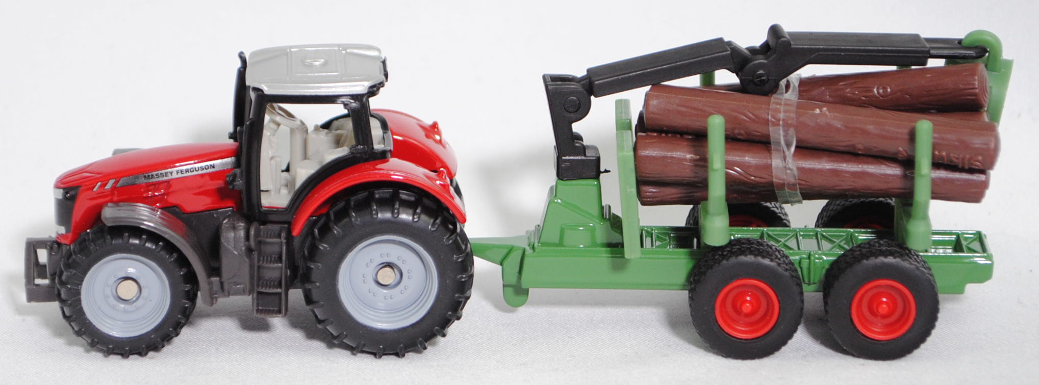 00000 Massey Ferguson MF 8737 Dyna-VT Efficient (Modell 2014-2017) Traktor und Forstanhänger mit Zwei-Achs-Fahrgestell, karminrot und hell-grasgrün, SIKU SUPER, P29f
