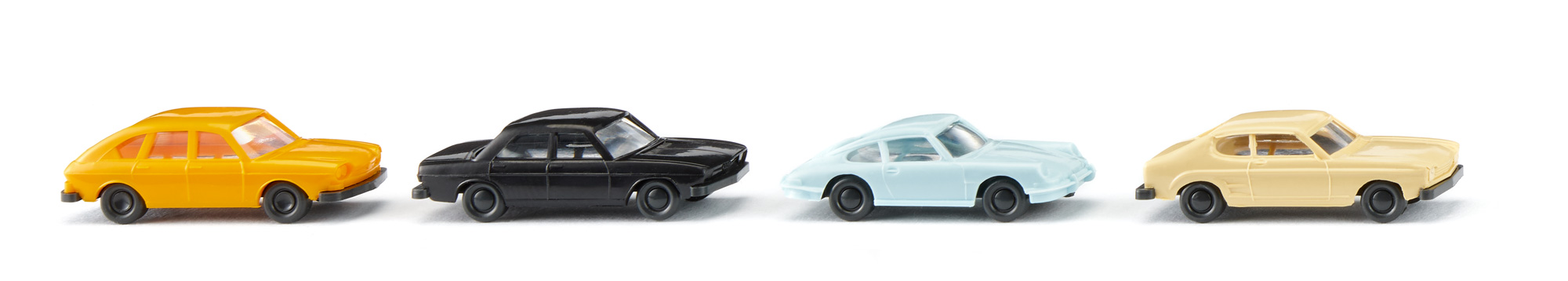 Vier klassische Personenwagen (PKW): VW 411 E + Audi 100 (C1, Typ 104) + Porsche 911 Coupé 2.0 (Urmodell) + Ford Capri I (Typ Capri '69 oder Mk I), N-Spur, Wiking, 1:160, mb
