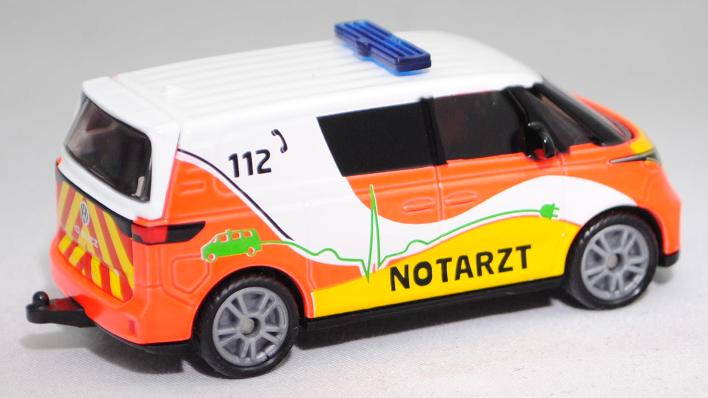 00000 VW ID. Buzz Cargo (1. Generation, interne Baureihenbezeichnung EBN, Modell 2022-) Krankenwagen, Karosserie reinweiß, C 112 / NOTARZT, SIKU SUPER, 1:61, P29f