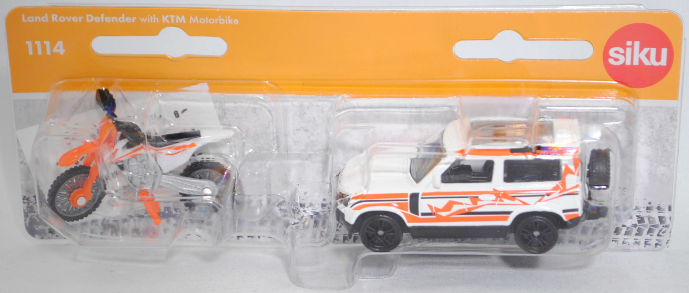 00000 Land Rover Defender 90 S P400 AWD (Modell 2020-2025) mit KTM SX-F 450 Motocross-Motorrad (Modell 2015-), fuji white + reinorange/schwarz/reinweiß, SIKU SUPER, P29f