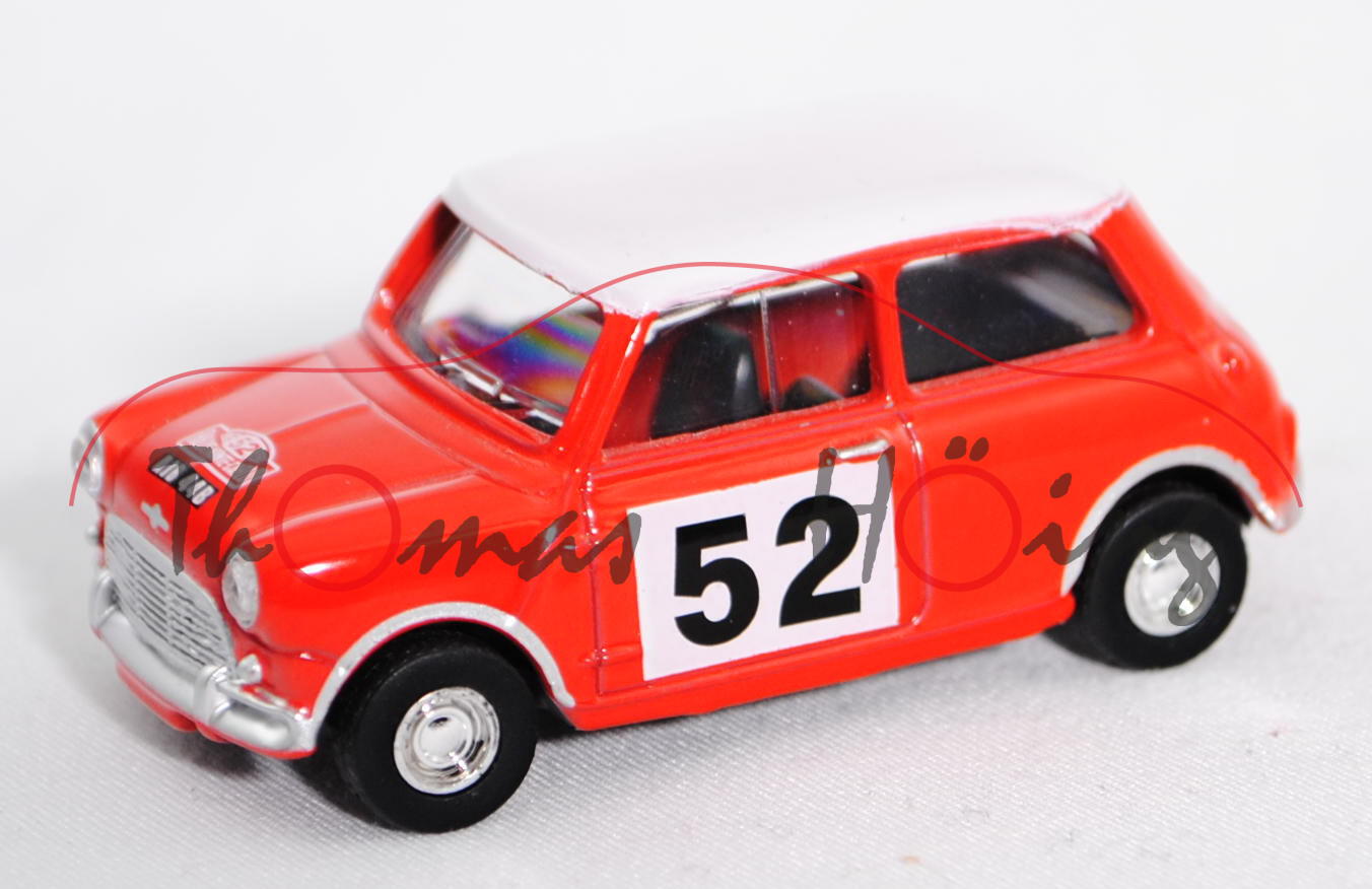 BMC Austin Mini Cooper S Mk 1 (Mod. 59-67), orange, Dach weiß, Rallye Monte Carlo 1965, Nr. 52, 1:54