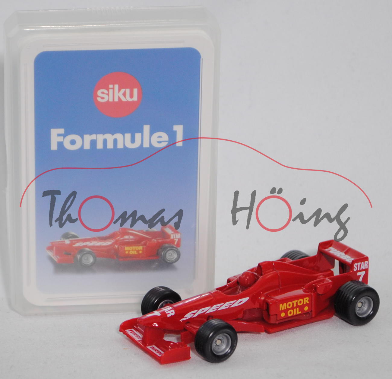 00100 F Formule 1 Quartett mit Formel 1 Rennwagen, karminrot, ca. 1:55, SIKU SUPER / TOP ASS, P28b