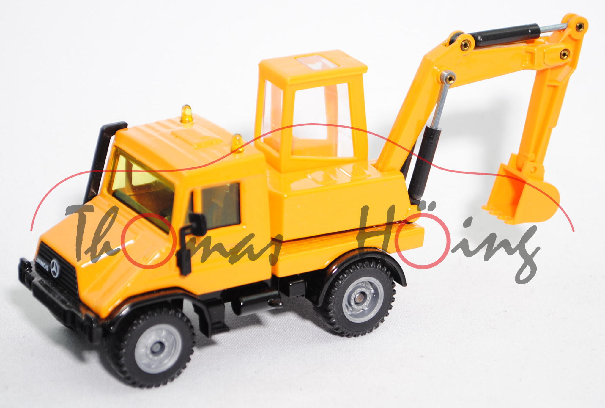 00001 MB Unimog U 140 (Baureihe 418, Mod. 92-98) mit Hydrauliklader, melonengelb, LKW12, L15