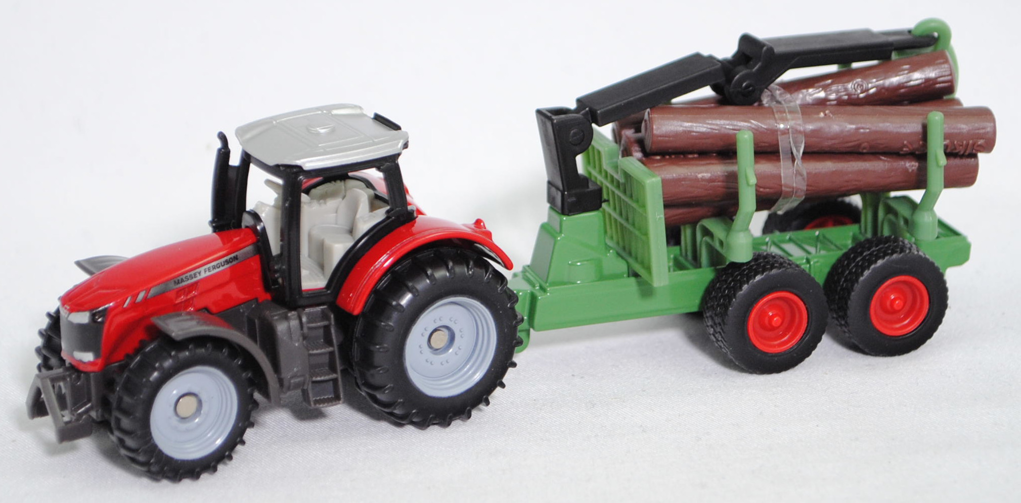 00000 Massey Ferguson MF 8737 Dyna-VT Efficient (Modell 2014-2017) Traktor und Forstanhänger mit Zwei-Achs-Fahrgestell, karminrot und hell-grasgrün, SIKU SUPER, P29f