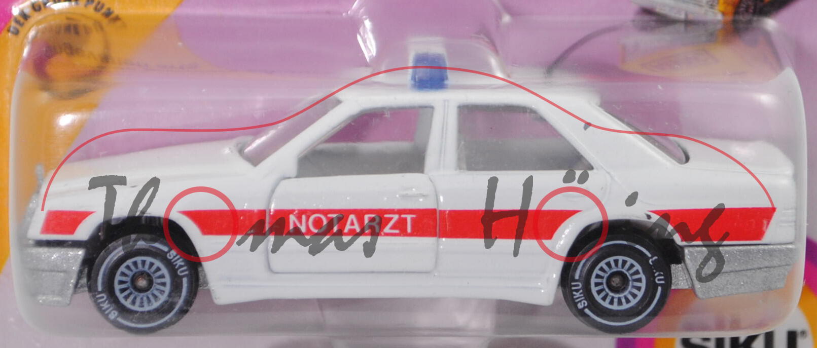 00006 Mercedes-Benz 300 E (W 124, Modell 1985-1986) Notarztwagen, weiß/rot, NOTARZT, Chassis silber, Hong, B4, SIKU, 1:55, P23 (Farbabplatzer)