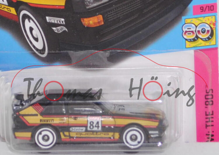 Audi sport quattro (interne Baureihenbezeichnung B2, Typ 85Q, der Kurze, Modell 1984-1986), schwarz (gebaute Stückzahl im Original: 2 Stück), Hot Wheels, 1:61, langer Blister