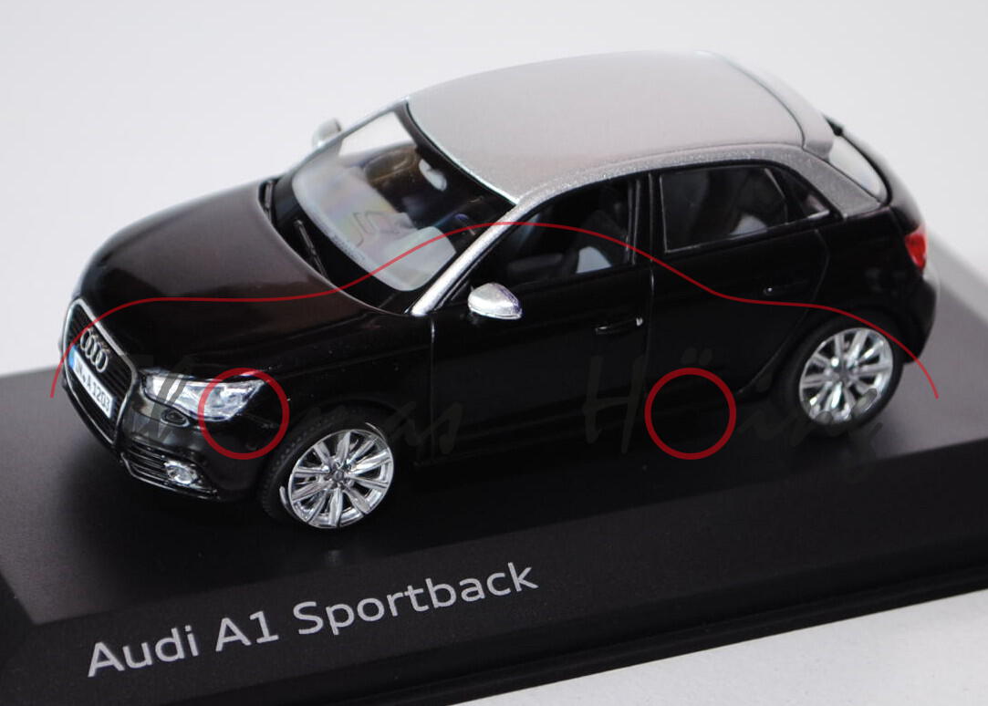 Audi A1 Sportback (Typ 8XA, Mod. 2012-2014), phantomschwarz/florettsilber, Kyosho, 1:43, Werbebox