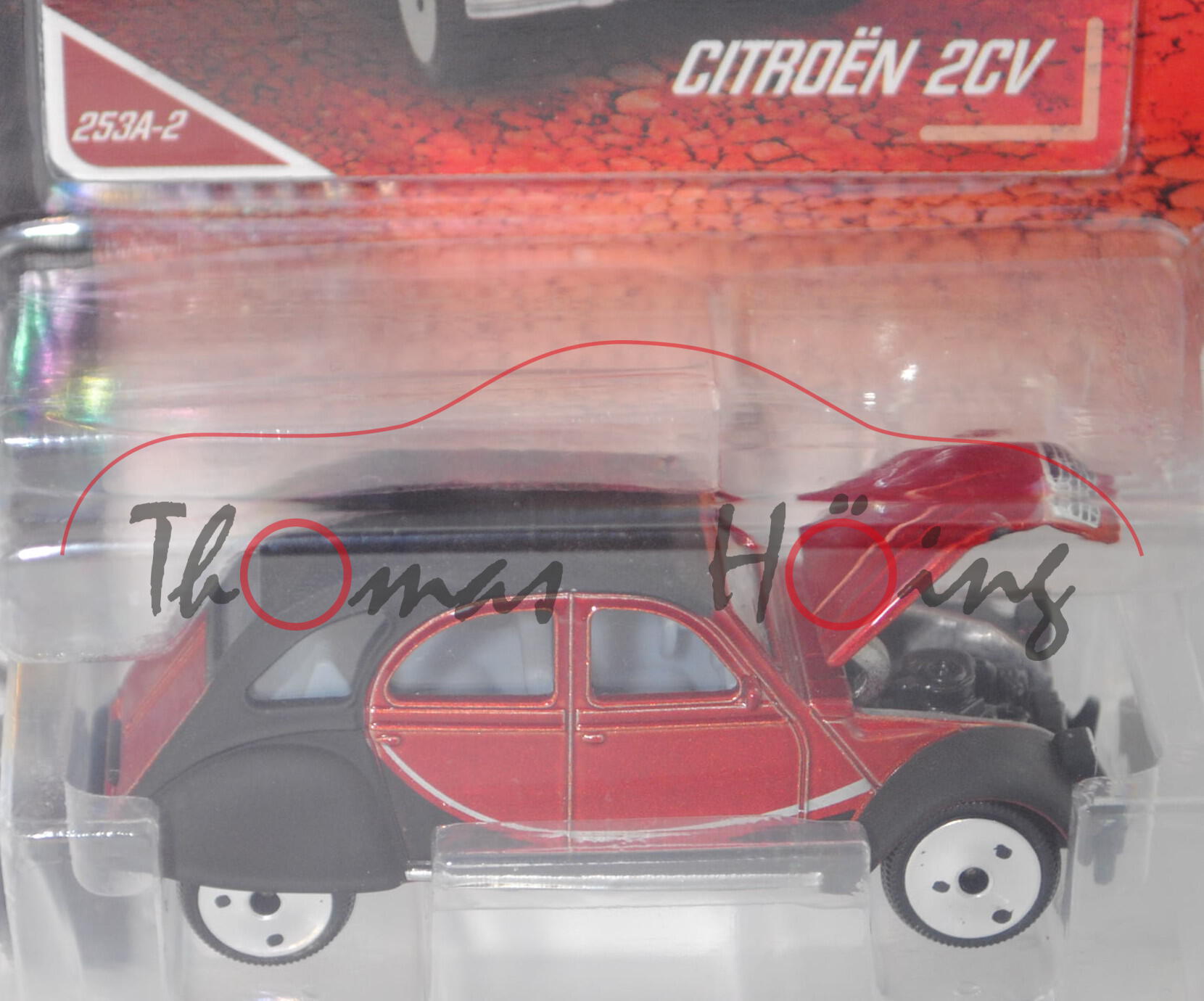 Citroen 2CV (Modell 1966-1976) (Nr. 253A-2), rubinrotmetallic/mattschwarz, majorette, 1:64, Blister