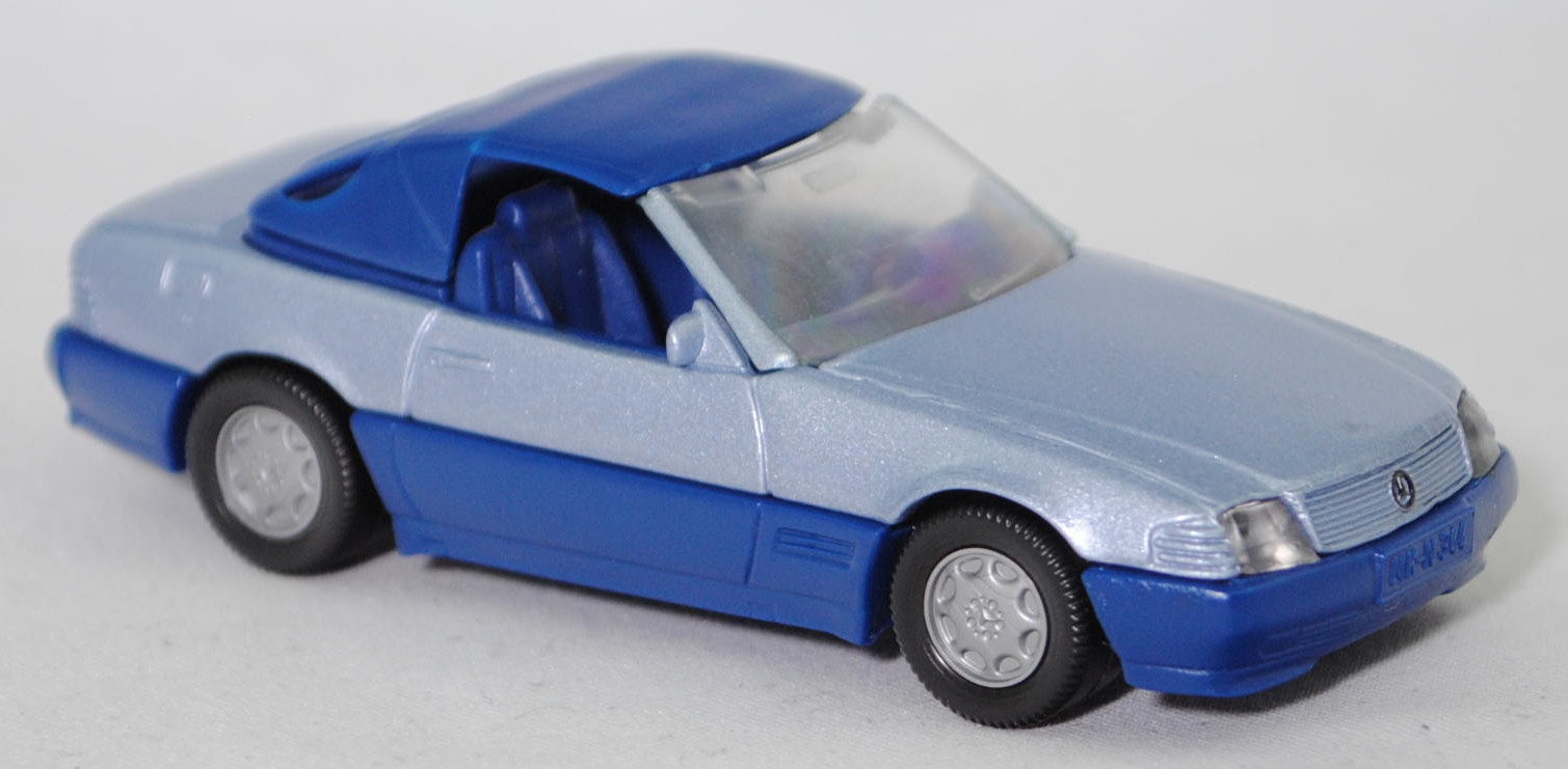 00005 Mercedes-Benz 500 SL mit Verdeck (Hardtop) (R 129, Modell 1989-1992), silberblaumetallic/saphirblau, Scheibe seitlich lackiert, Heckklappe mit Stern, Hong, B7, SIKU, 1:55, m