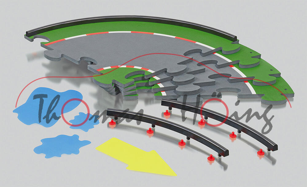 Zubehörpackung Kurve für SIKU Racing, Inhalt: 4x Fahrbahnstücke; 8x Banden; 32x Befestigungselemente
