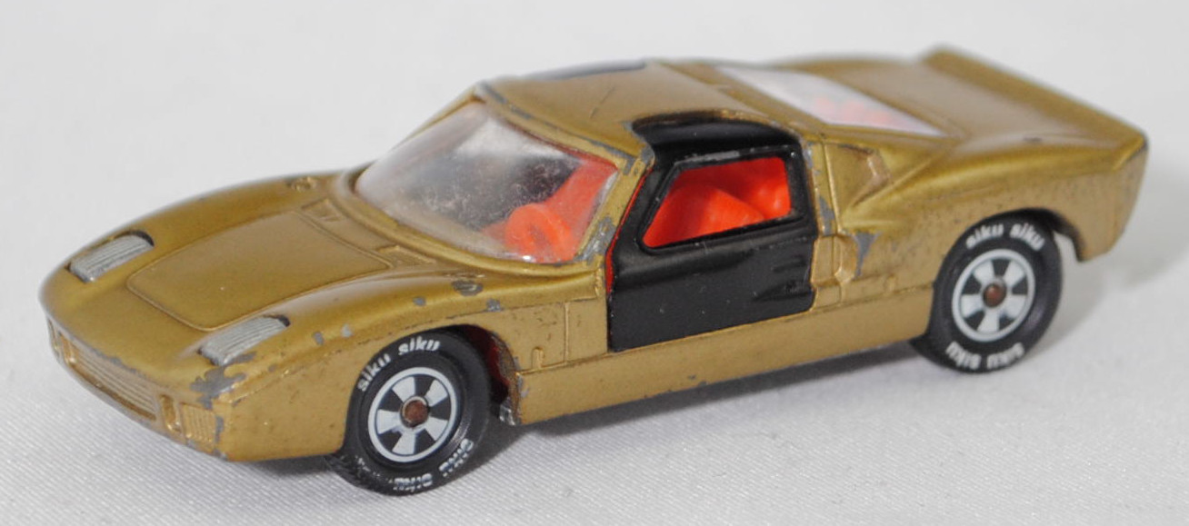 00003 Ford GT40 (Mk I bzw. Mark 1, Modell 1965-1967), Karosserie goldmetallic, Türen schwarz, Bpr. V 296 / Germ, Verglasung klar, R10 weiß, SIKU SUPER, 1:57, m-