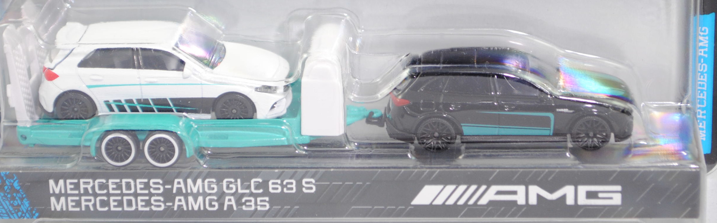 Mercedes-AMG GLC 63 S E PERFORMANCE Premium (Mod. 23-) mit Autotransporter und Mercedes-AMG A 35 4Matic (Mod. 18-22), schwarz + h.-türkisblau/weiß + weiß, majorette, Blister