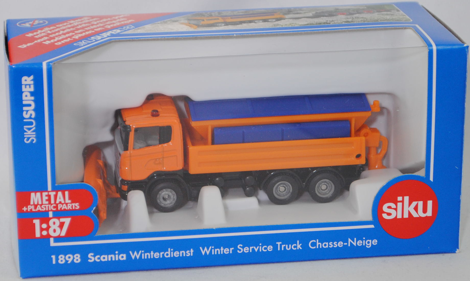 00002 Winterdienst Scania R380 6x6 (Typ CR16, Day cab, Modell 2007-2009) Winterdienst, hell-gelborange/schwarz/blau, C27c / C28c silbergrau, SIKU SUPER, 1:87, L17mpK