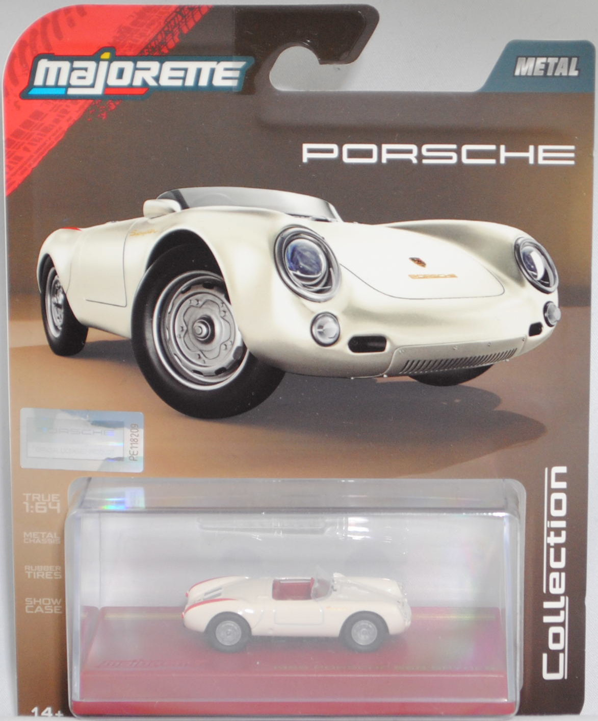 Porsche 550 Spyder (1. Generation, auch Porsche 1500 RS genannt, Modell 1954-1956), cremeweiß, innen purpurrot, majorette, 1:64, PC-Box im Blister (Collection)