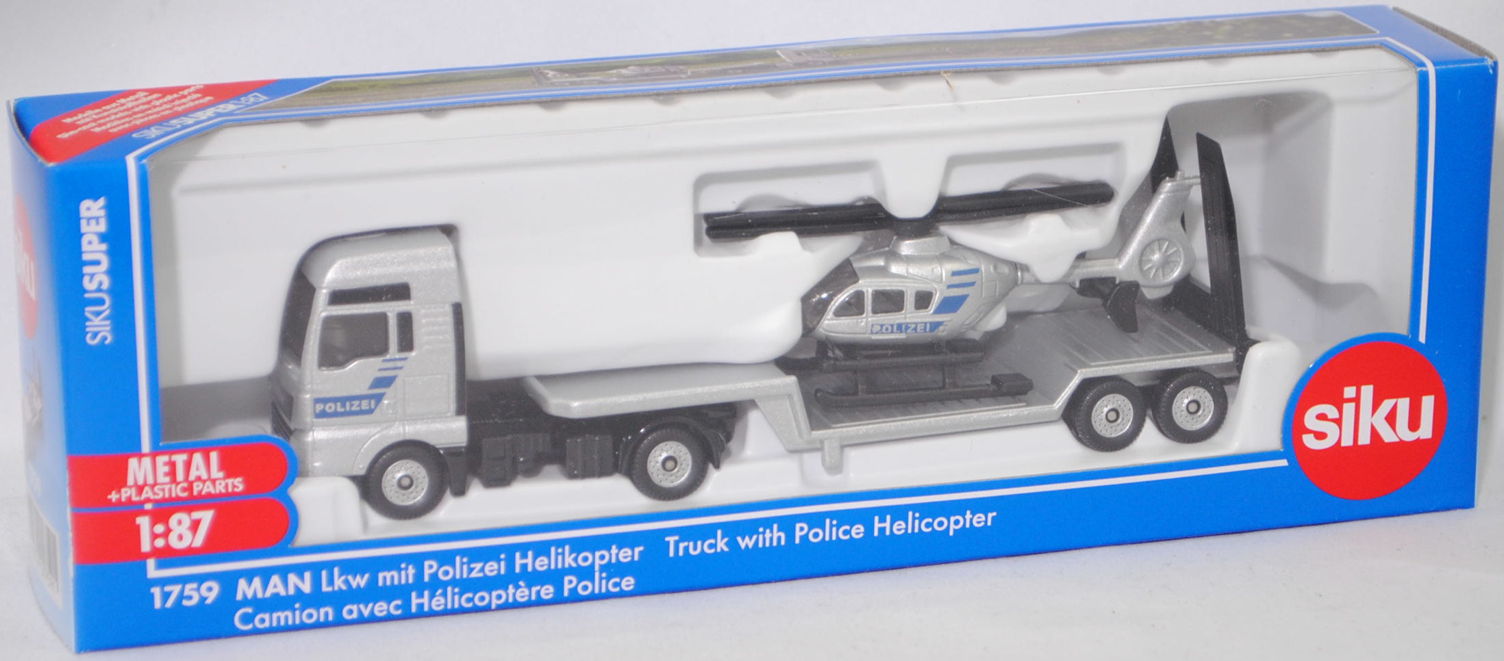 00000 MAN TGX 18.580 D38 XXL (Modell 2017-2019) mit Sattelauflieger und Polizei-Hubschrauber Eurocopter EC 135 T1 (Modell 1996-2002), silber, POLIZEI, SIKU SUPER 1:87, L17mpK
