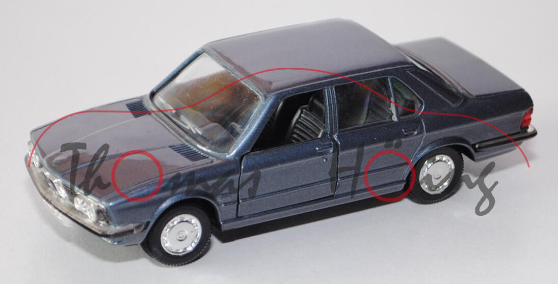 BMW 528i (Typ E28), Modell 1981-1984, blaugraumetallic, Türen + Heckklappe zu öffnen, GAMA mini, 1:4