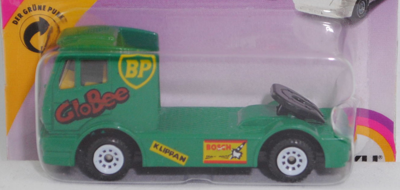 00002 Mercedes-Benz 1450 S (Modell 1989-1993) Renntruck (Truck-Racing-Europameisterschaft, Klasse C), türkisgrün, GloBee / BP / KLIPPAN / BOSCH, C1 reinweiß, SIKU SUPER, 1:83, P23
